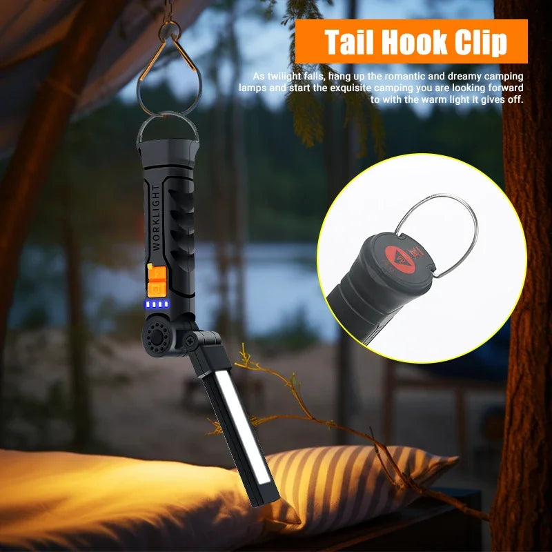 Portable COB LED Flashlight – USB Rechargeable Work Light with Magnetic Base & Hanging Lamp