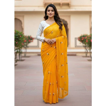 Premium Georgette Saree with Hand Embroidery Yellow Color, Lace Border & Matching Blouse Piece. Factory Price - Save $26