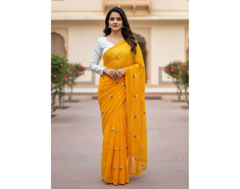 Premium Georgette Saree with Hand Embroidery Yellow Color, Lace Border & Matching Blouse Piece. Factory Price - Save $26