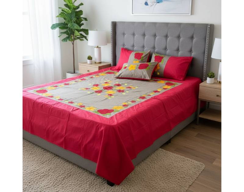 Double-Size Applique Bedsheet with Pillow Covers – Made of Twill Cotton Fabric. Factory Price - Save $60