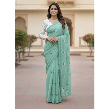 Premium Georgette Saree with Hand Embroidery Opal Color, Lace Border & Matching Blouse Piece. Factory Price - Save $26