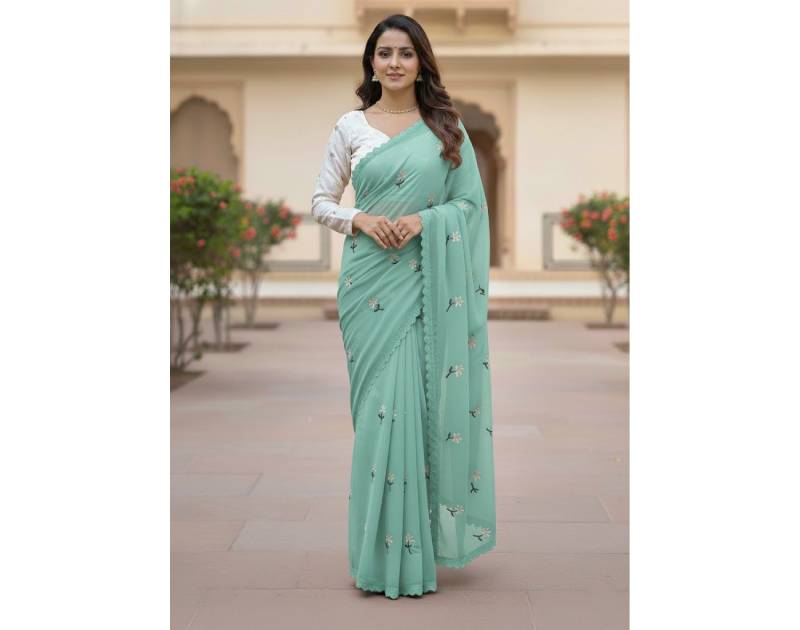 Premium Georgette Saree with Hand Embroidery Opal Color, Lace Border & Matching Blouse Piece. Factory Price - Save $26
