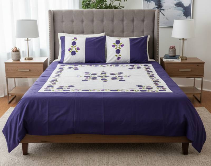 Double-Size Applique Bedsheet with Pillow Covers – Made of Twill Cotton Fabric. Factory Price - Save $60