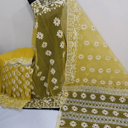 Yellow-White Jamdani Saree