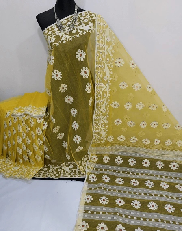 Yellow-White Jamdani Saree
