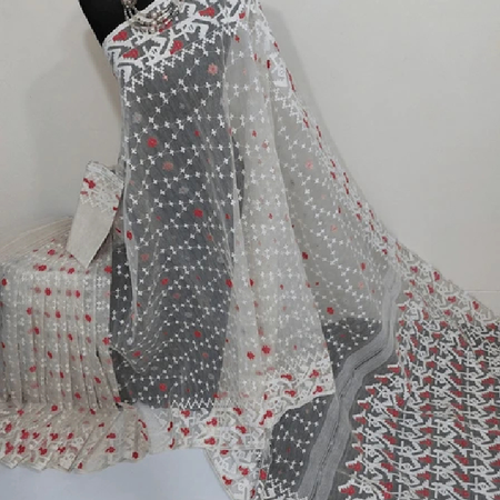 White-Red Jamdani Saree