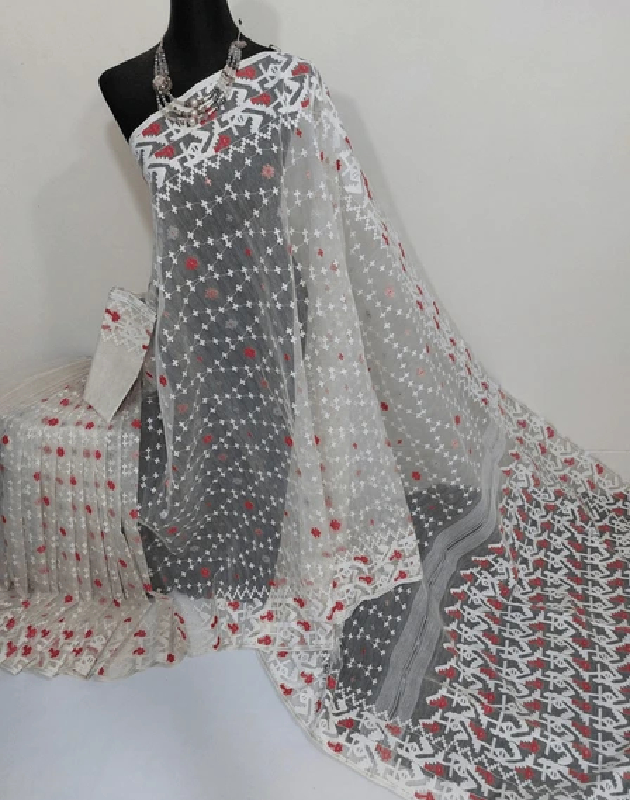 White-Red Jamdani Saree