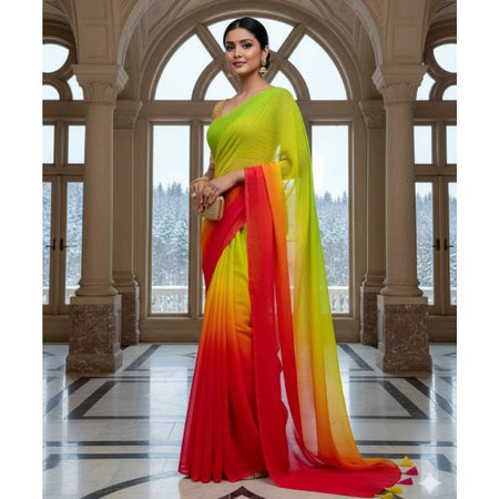 Georgette Saree – 12.5 Hands Length Salad Green With  Scarlet Color. Factory Price - Save $25