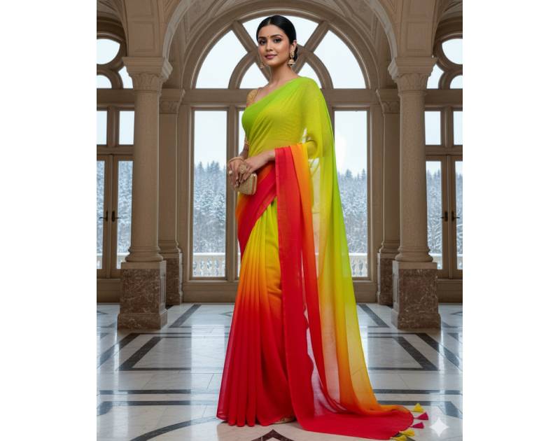 Georgette Saree – 12.5 Hands Length Salad Green With  Scarlet Color. Factory Price - Save $25
