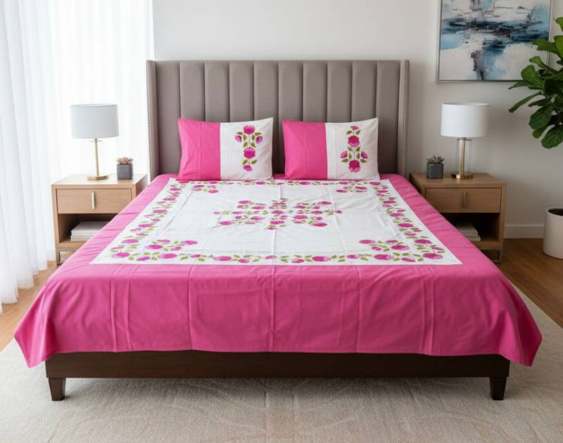 Double-Size Applique Bedsheet with Pillow Covers – Made of Twill Cotton Fabric. Factory Price - Save $60