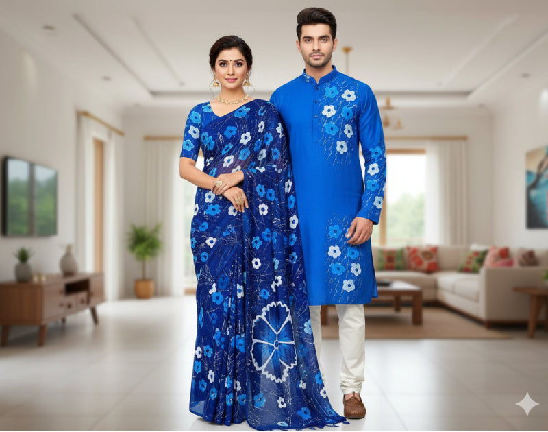 Premium Half Silk Saree Blue Color | Dhupion Silk Panjabi. Factory Price - Save $20