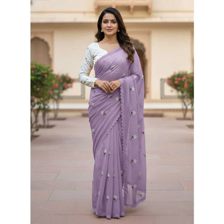 Premium Georgette Saree with Hand Embroidery Wisteria Purple Color, Lace Border & Matching Blouse Piece. Factory Price - Save $26