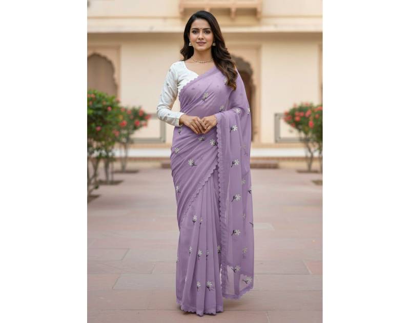 Premium Georgette Saree with Hand Embroidery Wisteria Purple Color, Lace Border & Matching Blouse Piece. Factory Price - Save $26