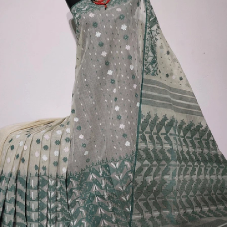 Off White-Green Jamdani Saree