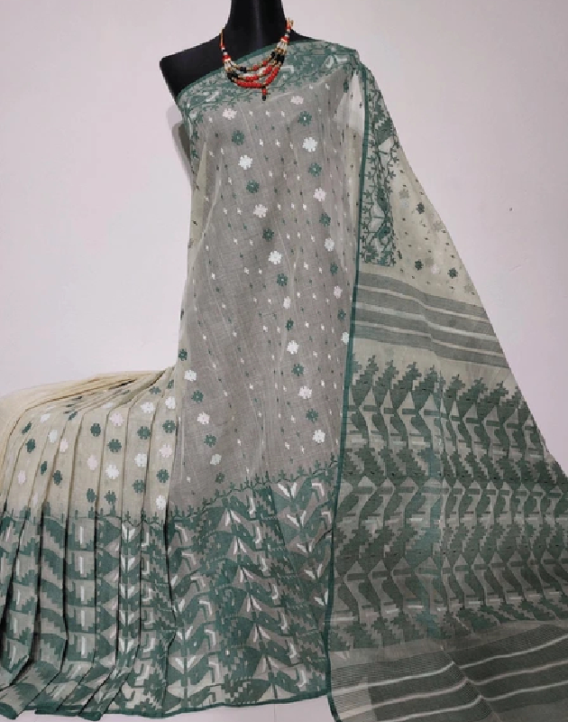 Off White-Green Jamdani Saree