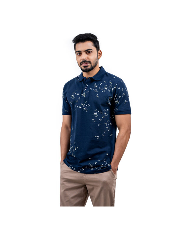 Richman Navy Color Printed Half Sleeve Polo Shirt