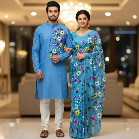 Premium Half Silk Saree Sky Blue Color | Dhupion Silk Panjabi. Factory Price - Save $20