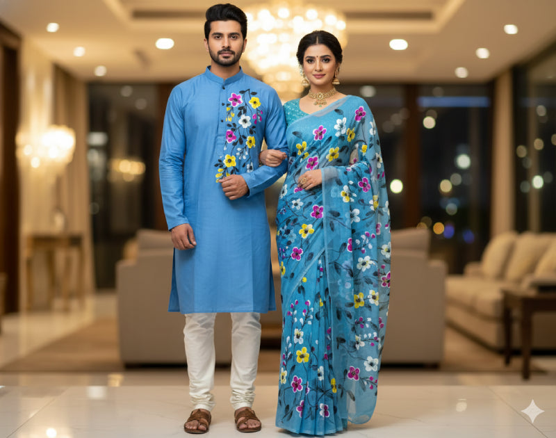 Premium Half Silk Saree Sky Blue Color | Dhupion Silk Panjabi. Factory Price - Save $20