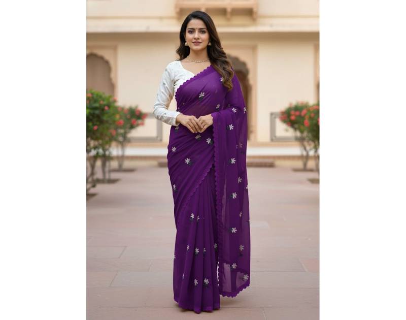 Premium Georgette Saree with Hand Embroidery Purple Jam Color, Lace Border & Matching Blouse Piece. Factory Price - Save $26