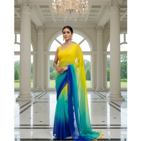 Georgette Saree – 12.5 Hands Length Yellow With Lapis Blue Color. Factory Price - Save $25