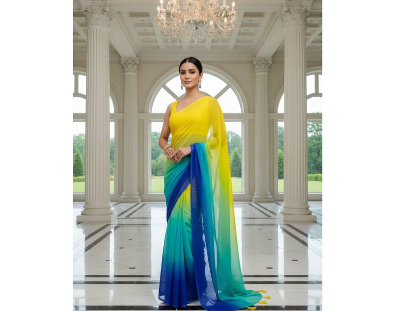 Georgette Saree – 12.5 Hands Length Yellow With Lapis Blue Color. Factory Price - Save $25