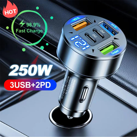 250W Car Charger – 5‑Port USB‑C PD & QC3.0 Fast Charging with Voltage Display