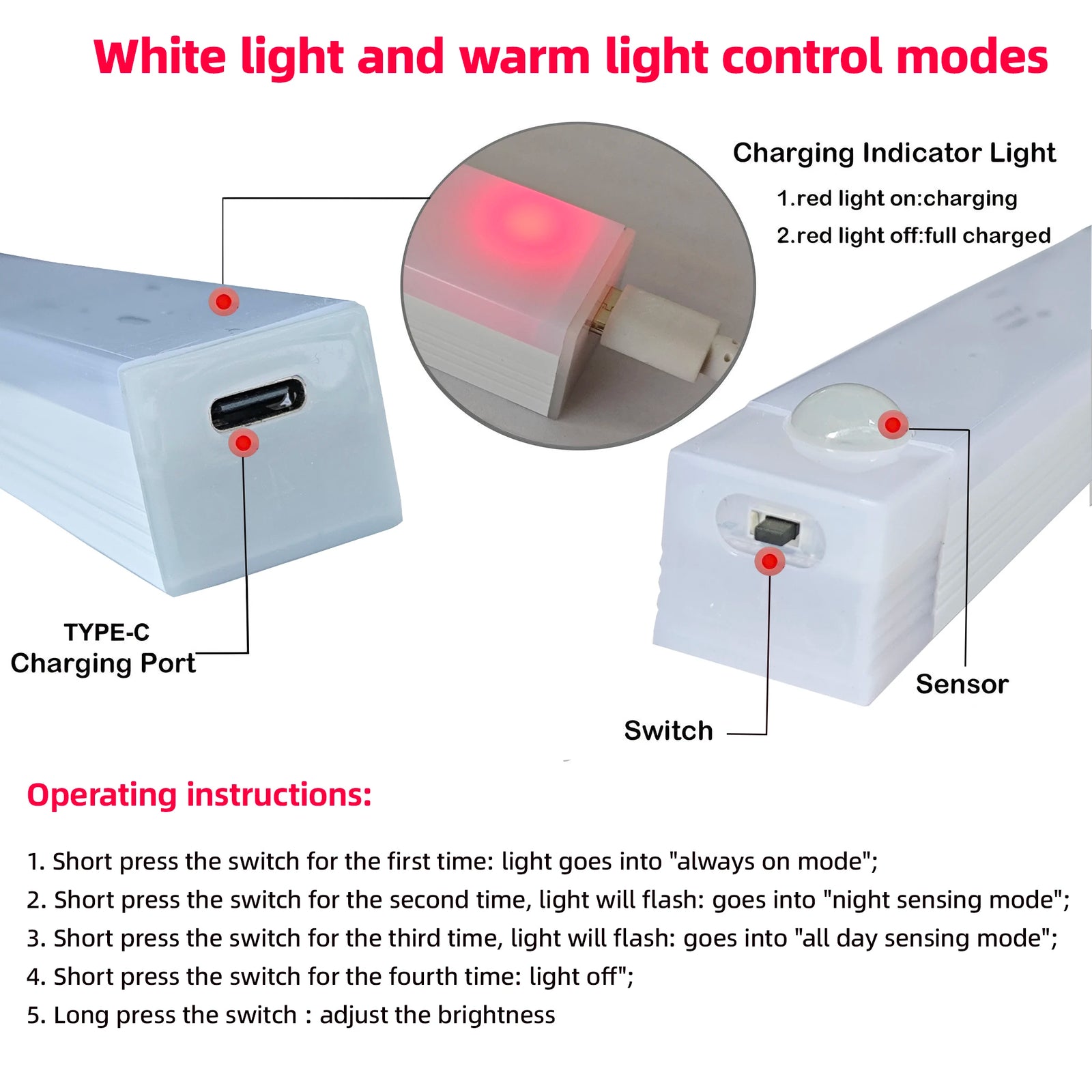 Motion Sensor Lamp Night Light Wireless LED USB Type C Rechargeable Lamp for Kitchen Cabinet Bedroom Wardrobe Staircase Lighting