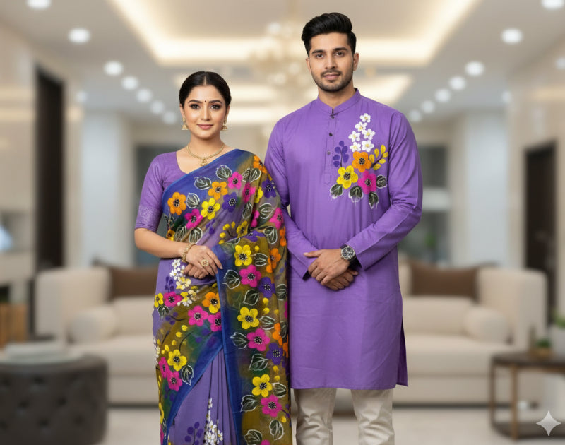 Premium Half Silk Saree Purple Color | Dhupion Silk Panjabi. Factory Price - Save $20