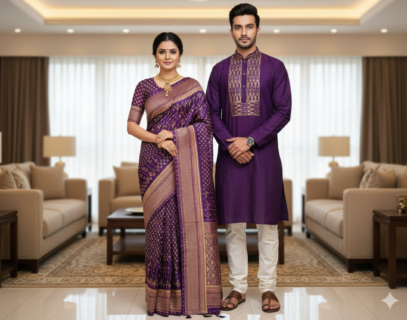Chanderi Silk Saree with Digital Print Purple Color & Tassel – Includes Blouse Piece. Factory Price - Save $25