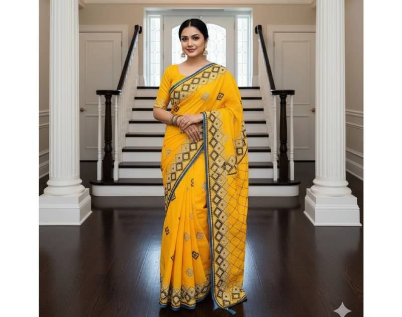 Gujarati Cotton Saree with Hand Embroidery Work. Factory Price - Save $77