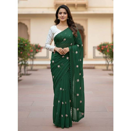 Premium Georgette Saree with Hand Embroidery Plantation Color, Lace Border & Matching Blouse Piece. Factory Price - Save $26