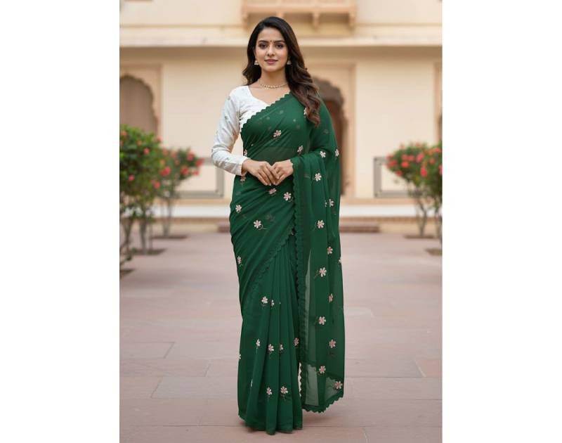 Premium Georgette Saree with Hand Embroidery Plantation Color, Lace Border & Matching Blouse Piece. Factory Price - Save $26