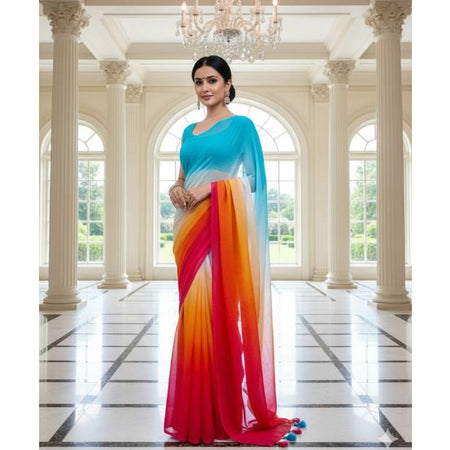 Georgette Saree – 12.5 Hands Length Sky Blue With Lipstick Red Color. Factory Price - Save $25