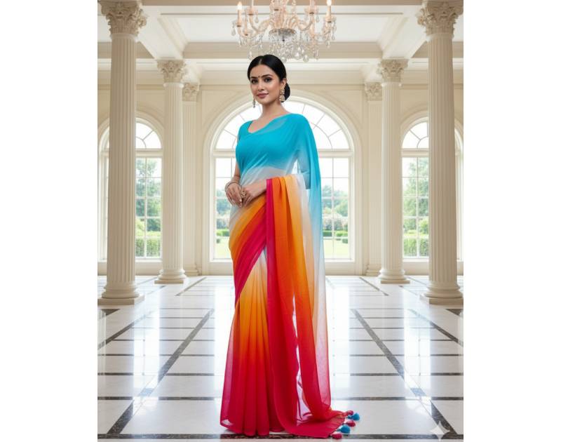 Georgette Saree – 12.5 Hands Length Sky Blue With Lipstick Red Color. Factory Price - Save $25