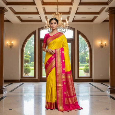 Gadwal Saree – Katan Silk Material Mustard Yellow. Factory Price - Save $44