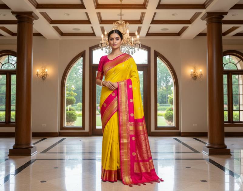 Gadwal Saree – Katan Silk Material Mustard Yellow. Factory Price - Save $44