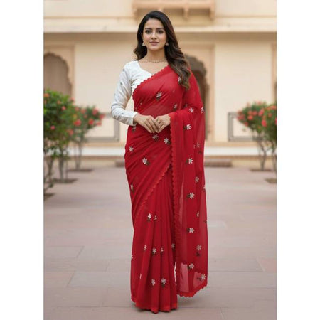 Premium Georgette Saree with Hand Embroidery Faded Red Color, Lace Border & Matching Blouse Piece. Factory Price - Save $26