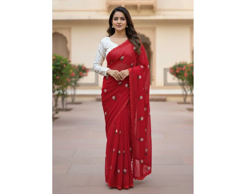 Premium Georgette Saree with Hand Embroidery Faded Red Color, Lace Border & Matching Blouse Piece. Factory Price - Save $26