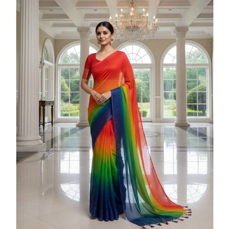 Georgette Saree – 12.5 Hands Length Lipstick Red With Cloud Burst Color. Factory Price - Save $25