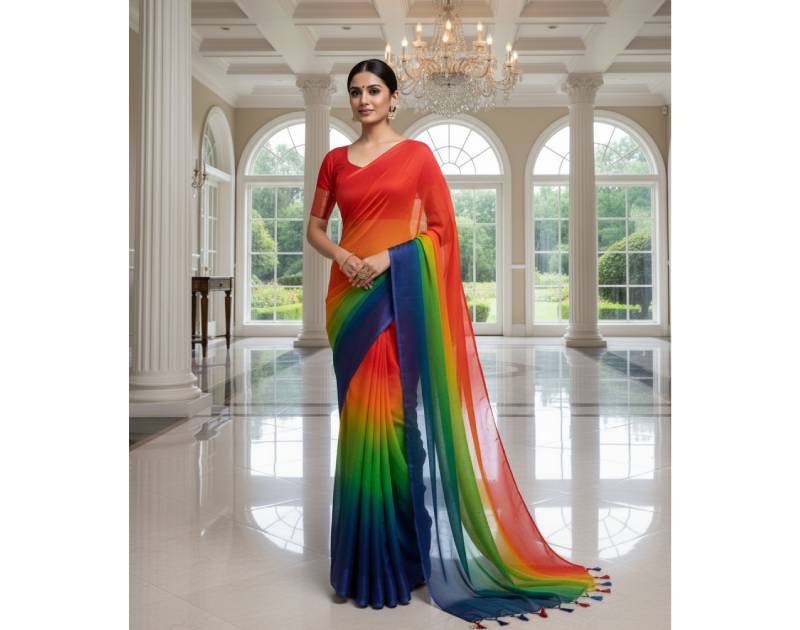 Georgette Saree – 12.5 Hands Length Lipstick Red With Cloud Burst Color. Factory Price - Save $25