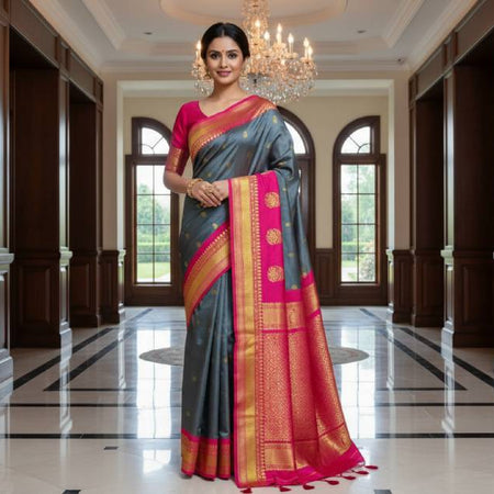 Gadwal Saree – Katan Silk Material Dark Grey Blue. Factory Price - Save $44