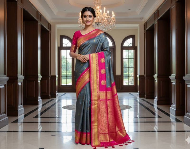 Gadwal Saree – Katan Silk Material Dark Grey Blue. Factory Price - Save $44