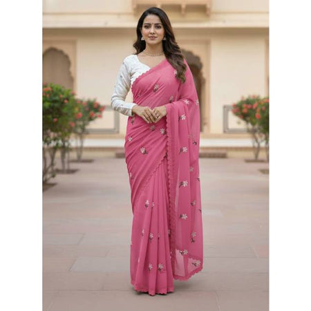 Premium Georgette Saree with Hand Embroidery Pale Violet Red Color, Lace Border & Matching Blouse Piece. Factory Price - Save $26