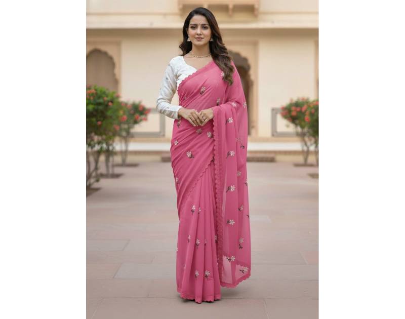 Premium Georgette Saree with Hand Embroidery Pale Violet Red Color, Lace Border & Matching Blouse Piece. Factory Price - Save $26