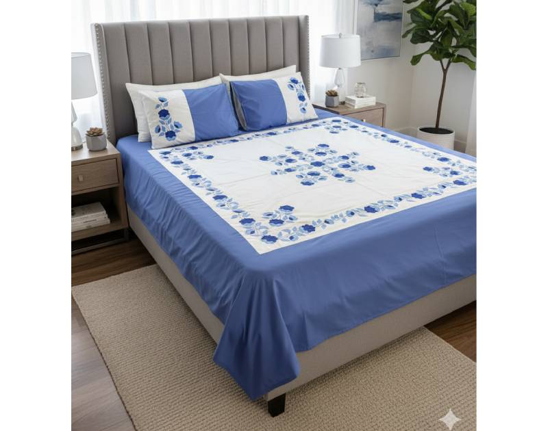 Double-Size Applique Bedsheet with Pillow Covers – Made of Twill Cotton Fabric. Factory Price - Save $60
