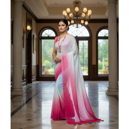 Georgette Saree – 12.5 Hands Length White With Purplish Red Color. Factory Price - Save $25