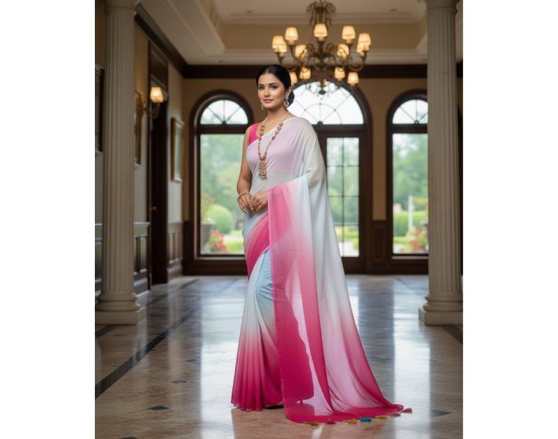 Georgette Saree – 12.5 Hands Length White With Purplish Red Color. Factory Price - Save $25
