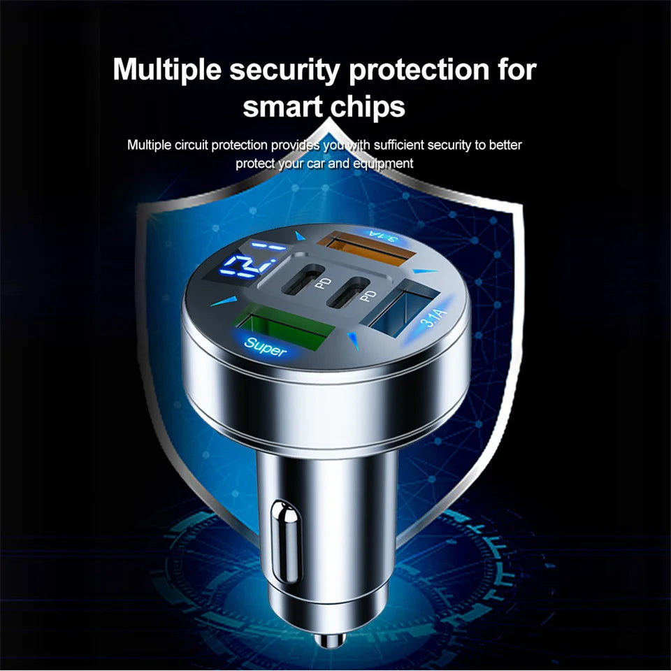 250W Car Charger – 5‑Port USB‑C PD & QC3.0 Fast Charging with Voltage Display