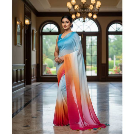 Georgette Saree – 12.5 Hands Length Ocean With Purplish Red Color. Factory Price - Save $25