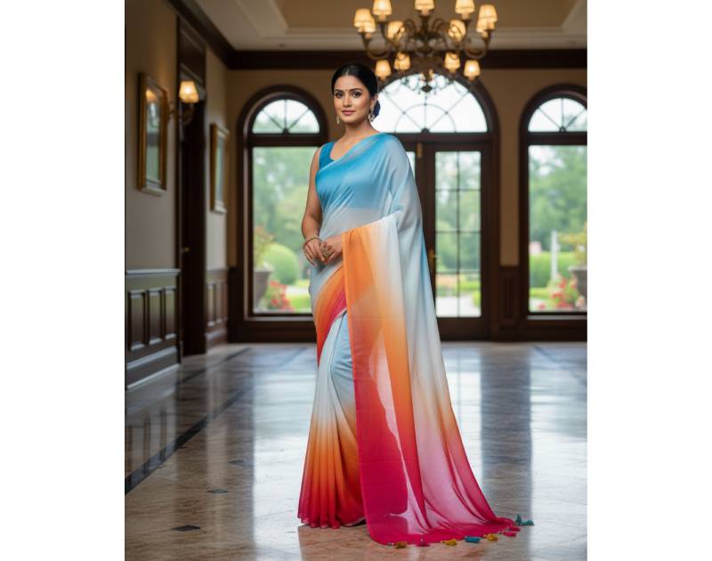 Georgette Saree – 12.5 Hands Length Ocean With Purplish Red Color. Factory Price - Save $25